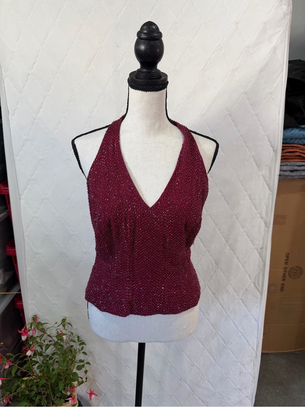 NWT Vintage Beaded Carmén Marc Valvo Halter Top in Burgundy